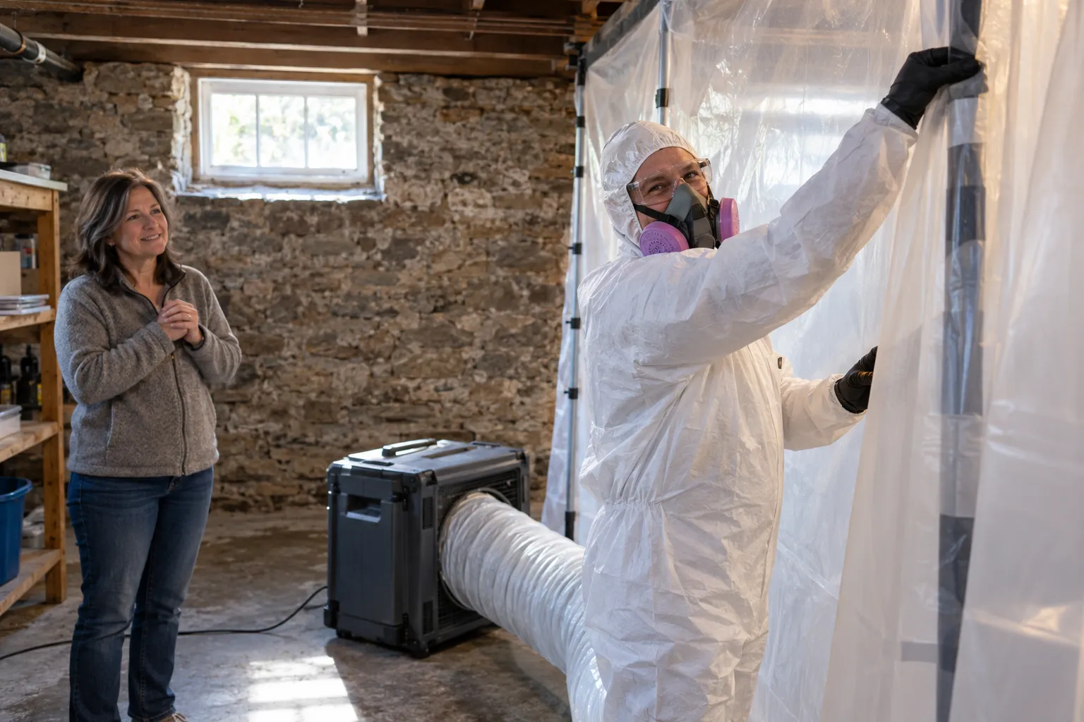 Friendly mold remediation provider setting up containment in a basement of a Princeton home